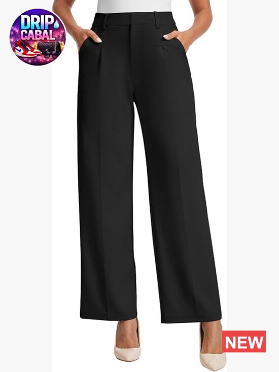 Pants - Polyester Blend Wide Leg Dress Pants High Waisted Work Trousers with Pockets